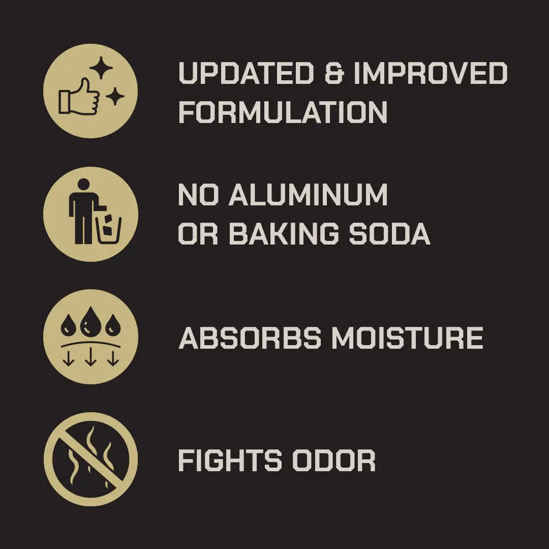 List of product features with icons and text on a black background