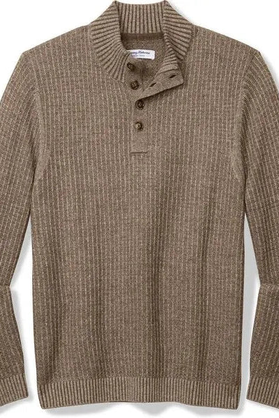 A brown ribbed knit long-sleeve sweater with a three-button henley collar, displayed flat against a white background.