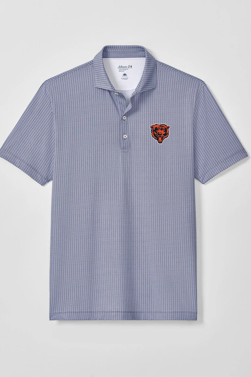 A short-sleeve polo shirt with a fine blue and white vertical stripe pattern, featuring a small embroidered Chicago Bears bear head logo on the left chest, displayed on a neutral light gray background.