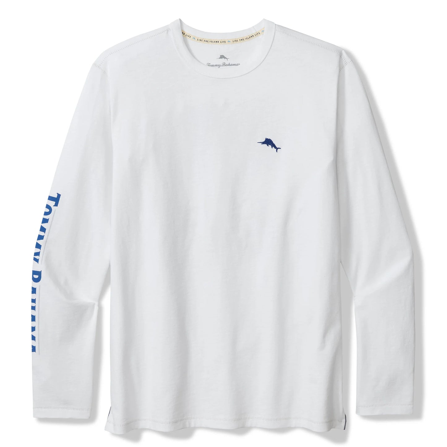White long-sleeve shirt with blue logo and text on a white background