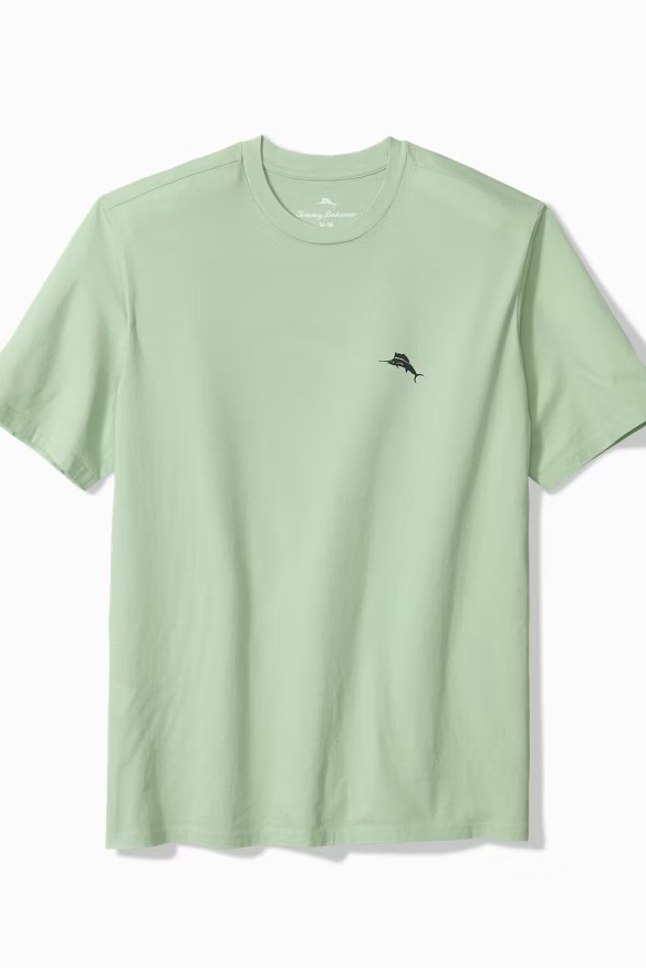 Light green t-shirt with a small black logo on a white background