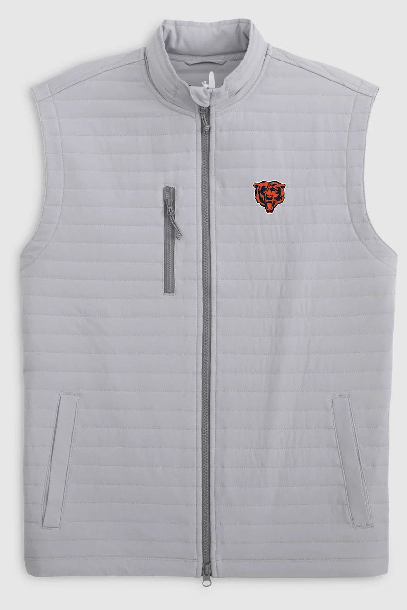 A light gray quilted sleeveless zip-front vest with a stand collar, a vertical zip pocket on the chest, and a small red and black tiger head logo on the left chest, shown on a light gray background.