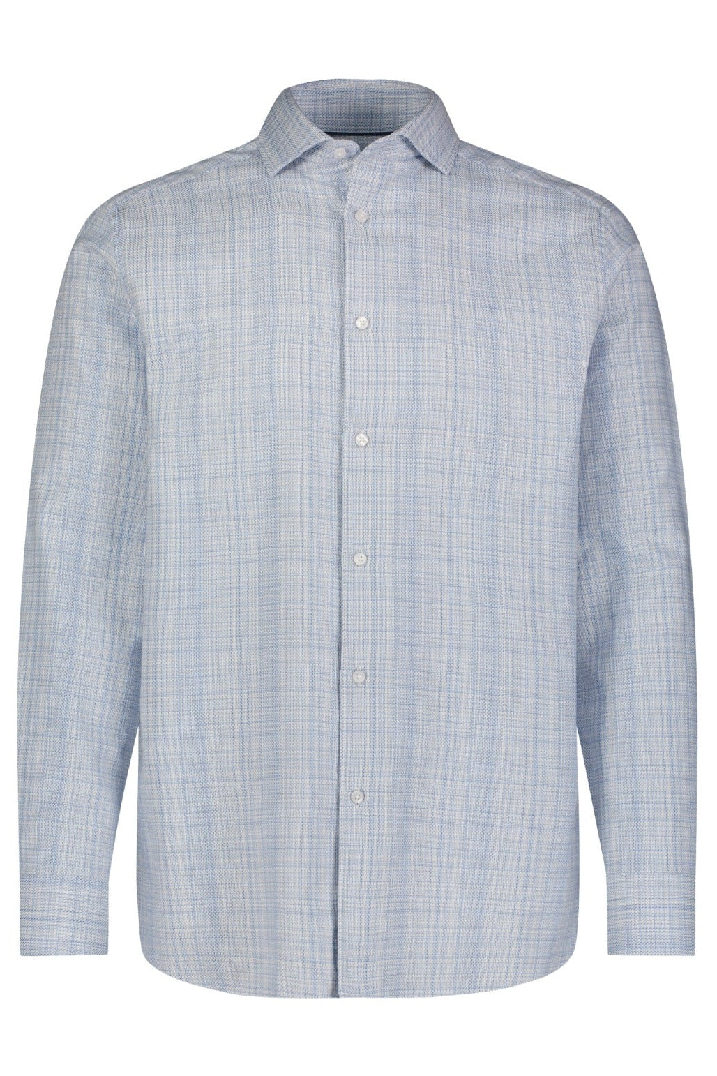 A light blue and white plaid long-sleeve button-down shirt, shown flat against a solid white background.
