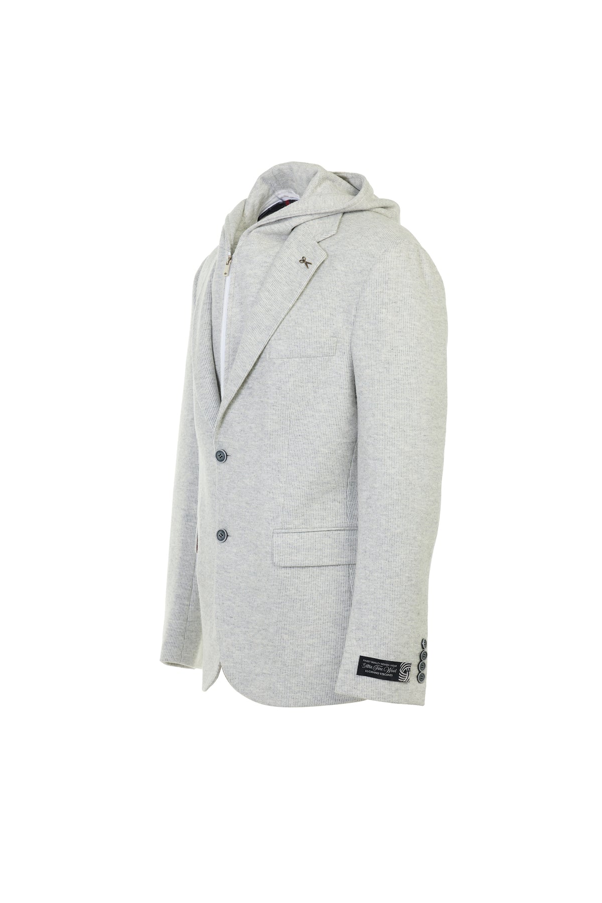 A light gray heathered hooded blazer jacket with a zippered hood, two front buttons, and flap pockets, shown from a side profile on a white background.