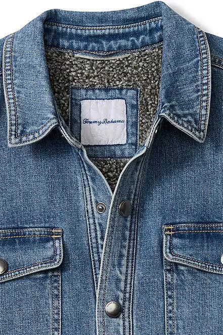 close up of denim shirt jacket with fleece lining