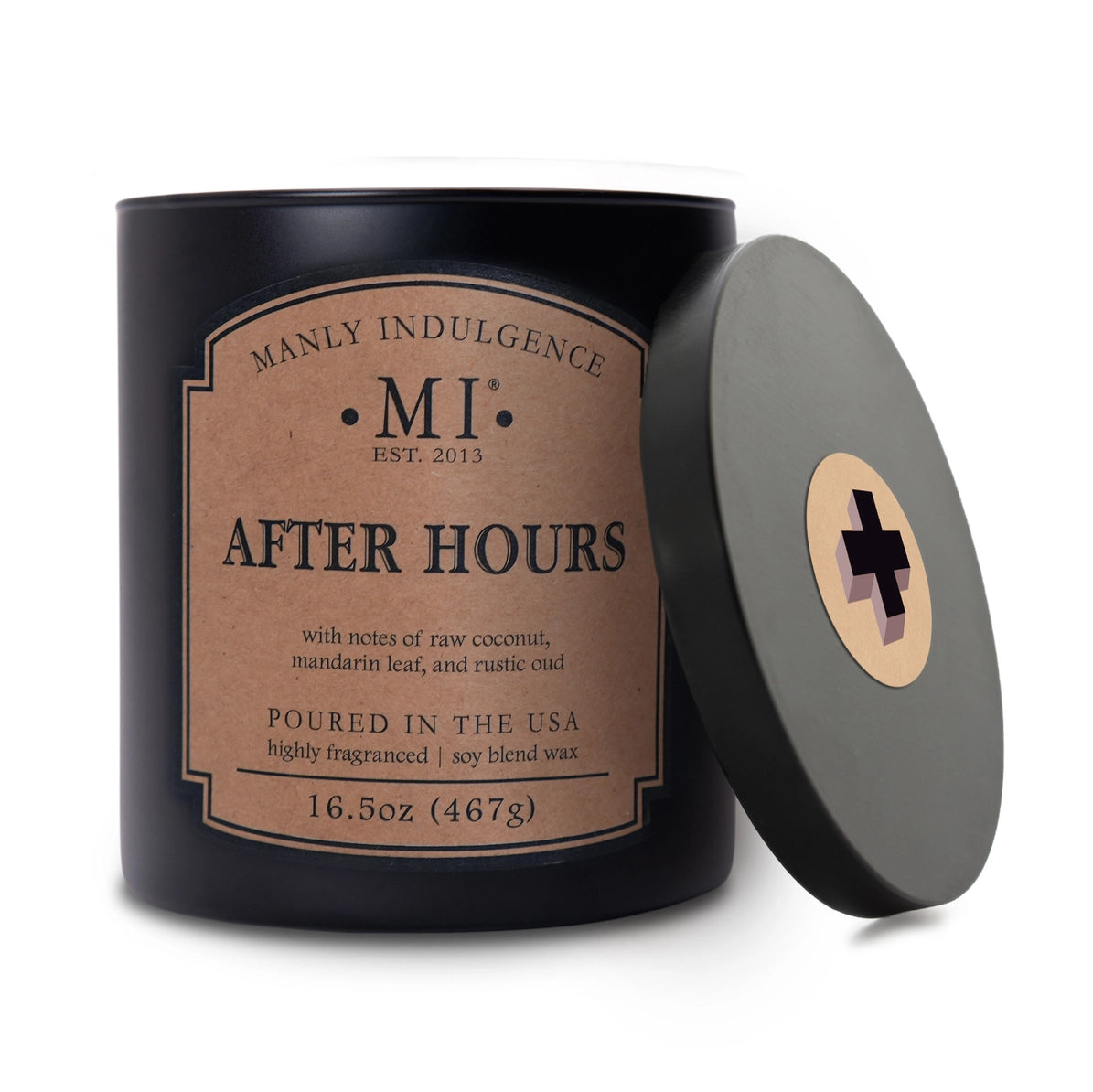 Manly Indulgence candle with label and lid on a white background