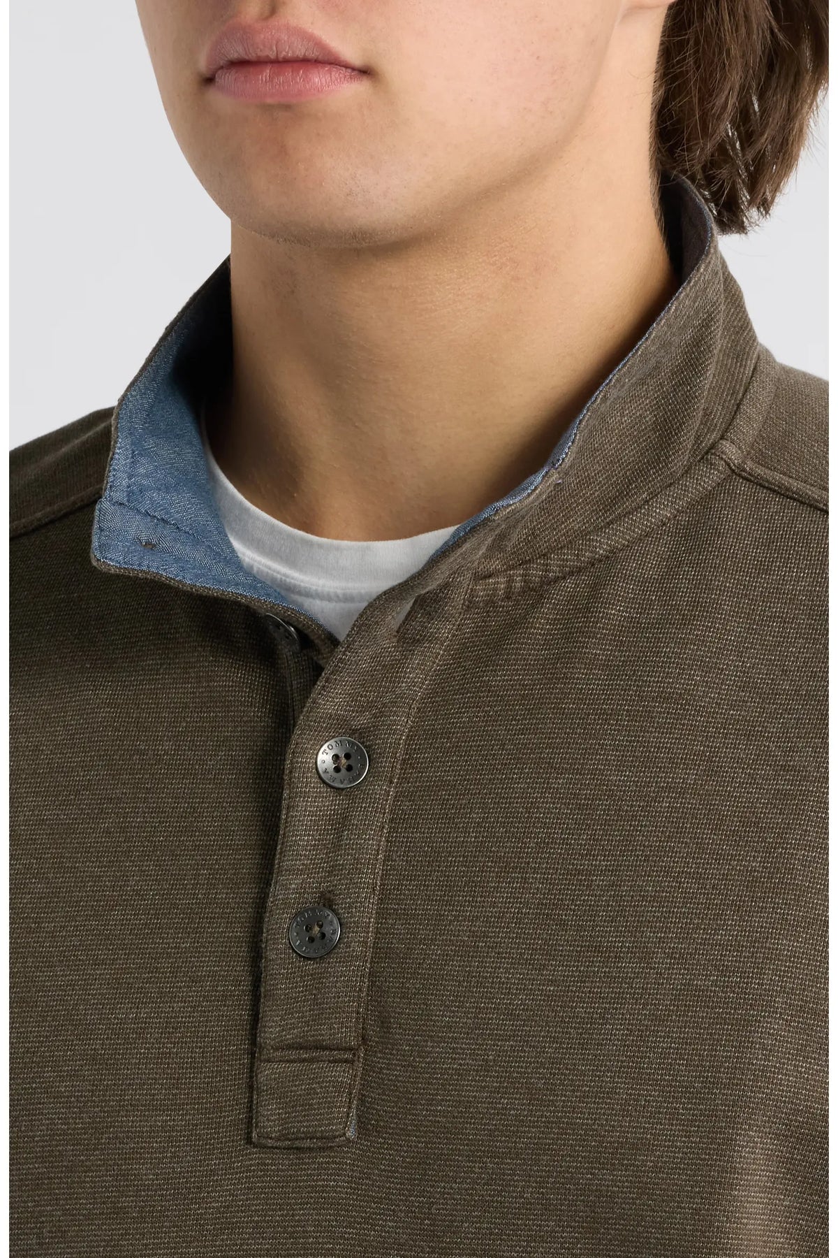 close up of button up sweatshirt 