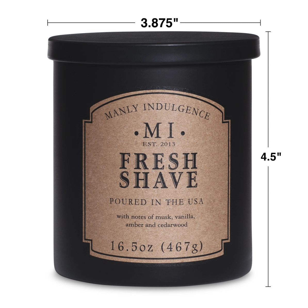 Black candle labeled 'Fresh Shave' with dimensions on a white background