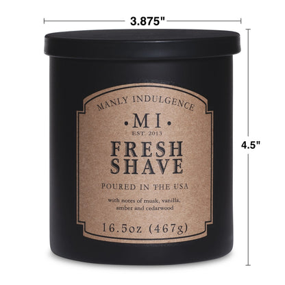 Black candle labeled 'Fresh Shave' with dimensions on a white background