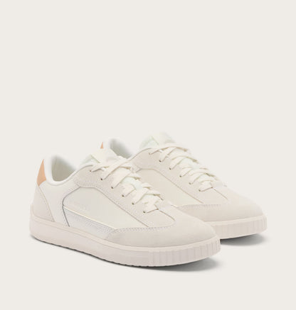 Pair of white sneakers on a light gray background