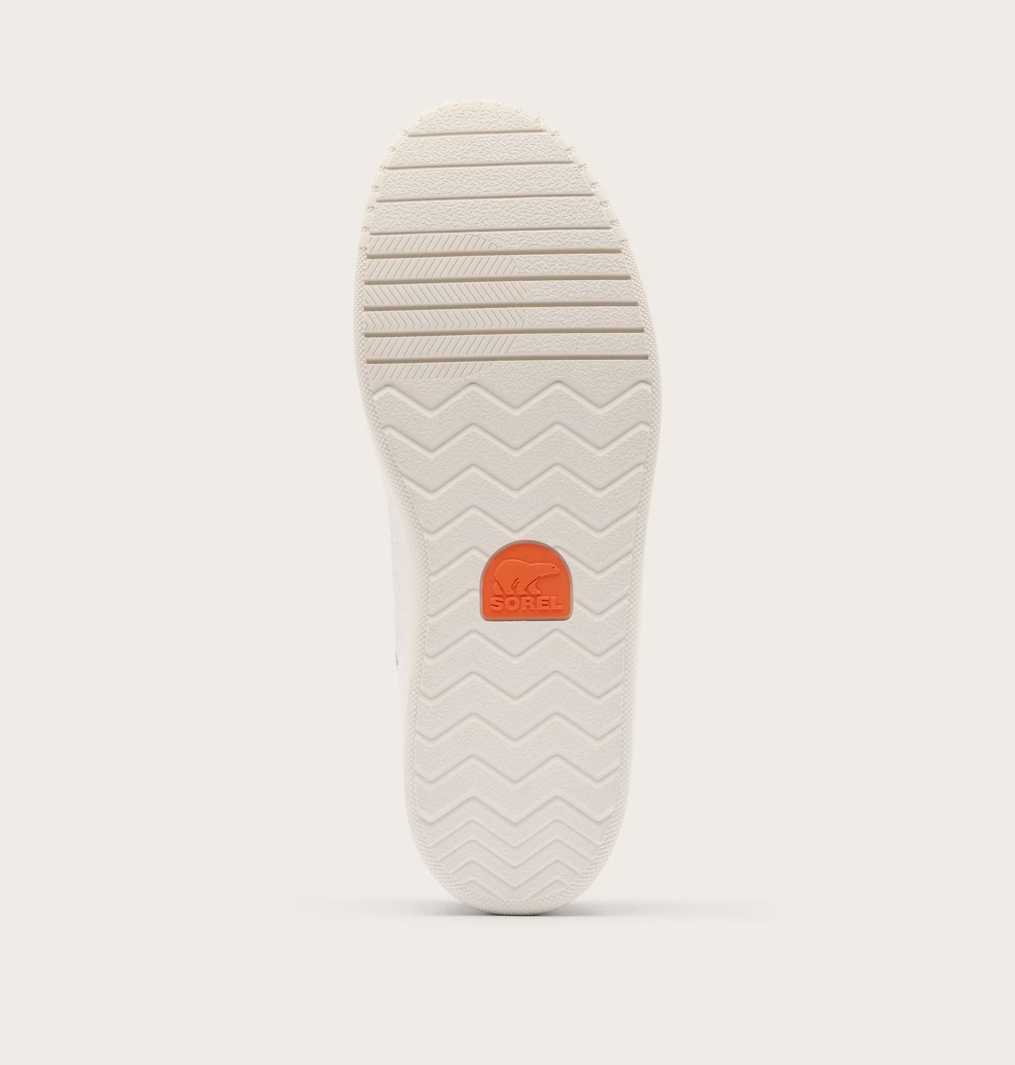 White sole of a shoe with a red logo on a light gray background
