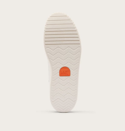 White sole of a shoe with a red logo on a light gray background