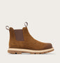 A single brown suede Chelsea boot with a dark brown elastic side panel and a beige lug sole, shown in profile against a light gray background.