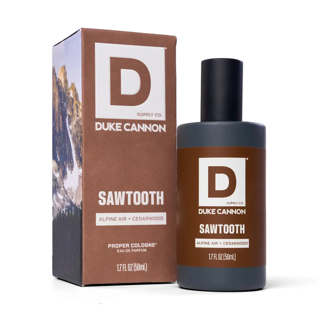 Duke Cannon Sawtooth cologne bottle and packaging on a white background