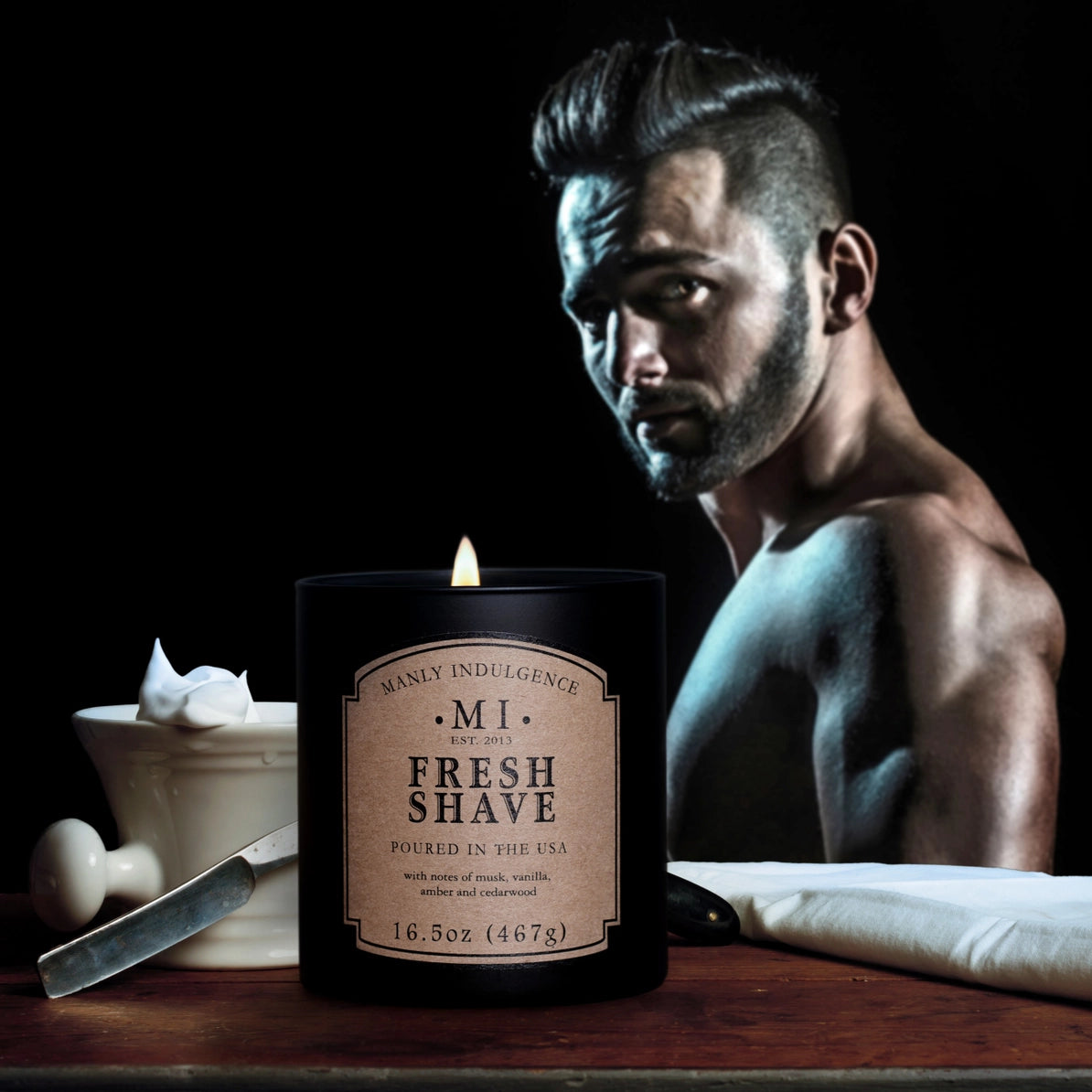 Manly Indulgence 'Fresh Shave' candle with a man in the background