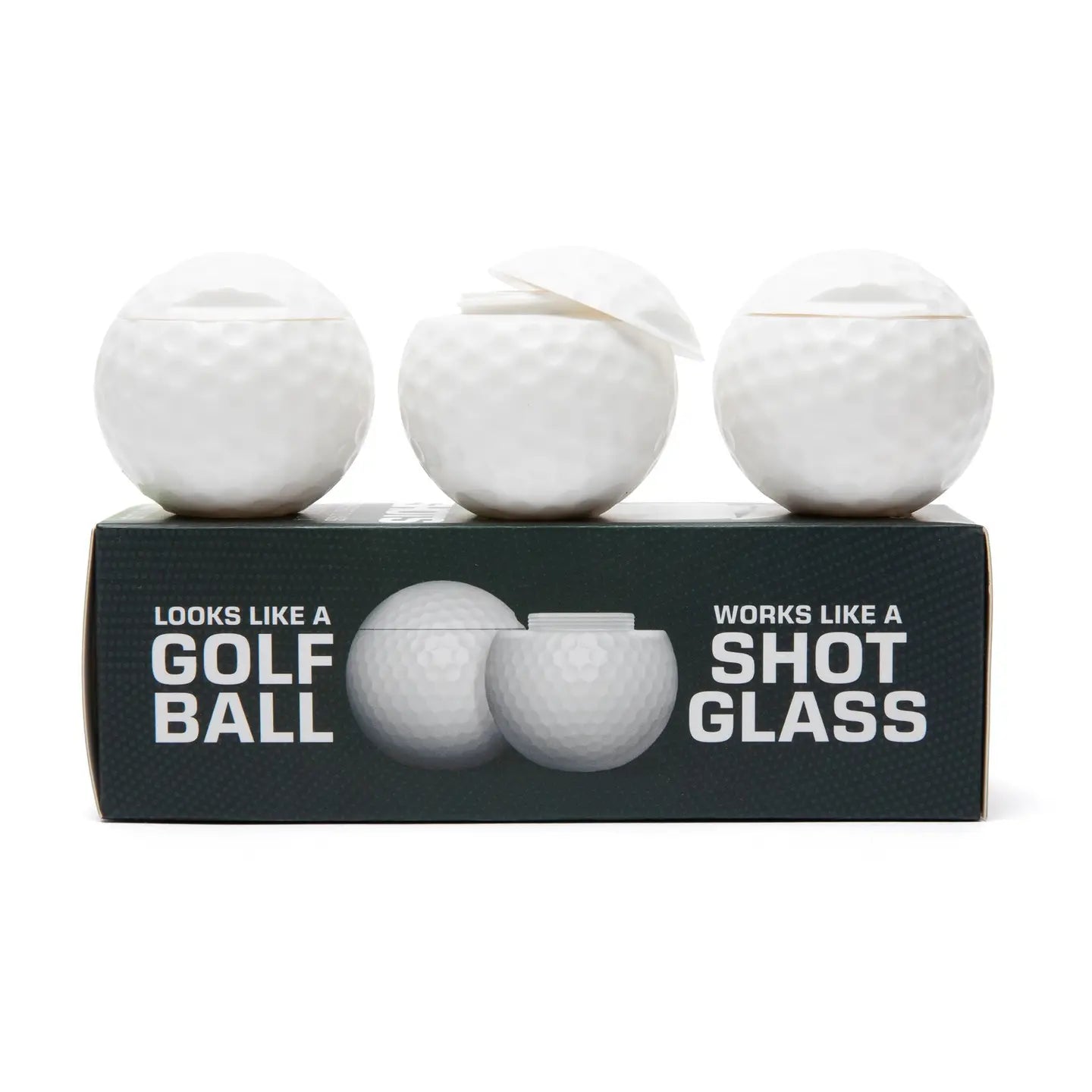 Three golf ball-shaped shot glasses on a black box with text.