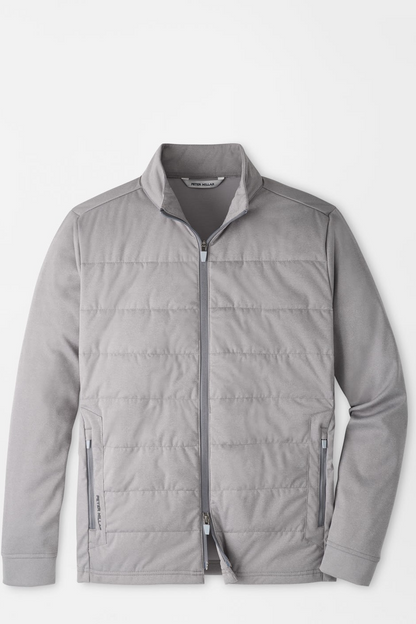 A light gray zip-up jacket with a stand collar and horizontal quilting, displayed flat against a clean white background.