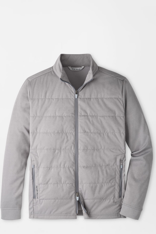 A light gray zip-up jacket with a stand collar and horizontal quilting, displayed flat against a clean white background.
