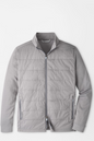 A light gray zip-up jacket with a stand collar and horizontal quilting, displayed flat against a clean white background.