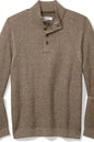 A brown ribbed knit long-sleeve sweater with a three-button henley collar, displayed flat against a white background.