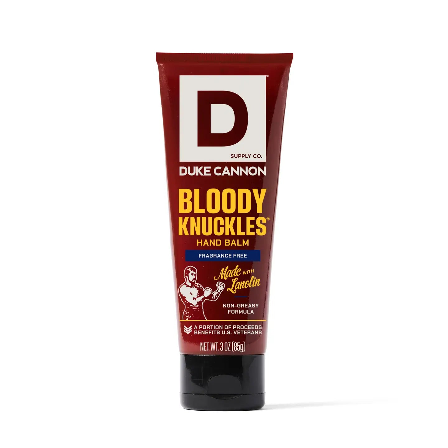 Tube of Duke Cannon Bloody Knuckles hand balm on a white background