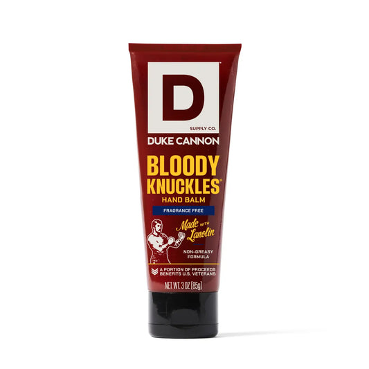 Tube of Duke Cannon Bloody Knuckles hand balm on a white background