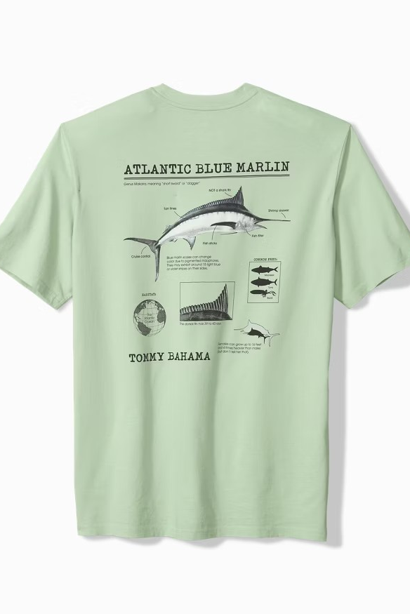 Light green t-shirt with Atlantic Blue Marlin graphic and Tommy Bahama branding on a white background