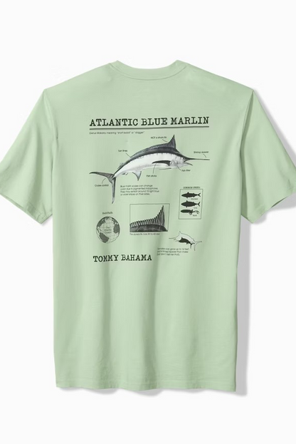 Light green t-shirt with Atlantic Blue Marlin graphic and Tommy Bahama branding on a white background