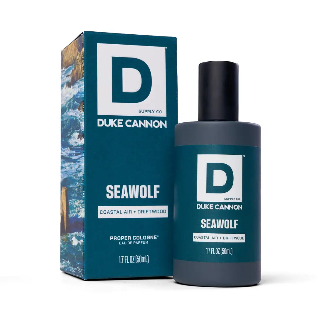 Duke Cannon Seawolf cologne bottle and packaging on a white background