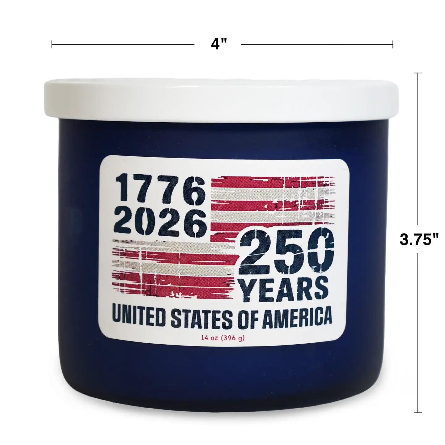 Navy blue container with a white lid featuring a label celebrating 250 years of the United States, with measurements indicated.