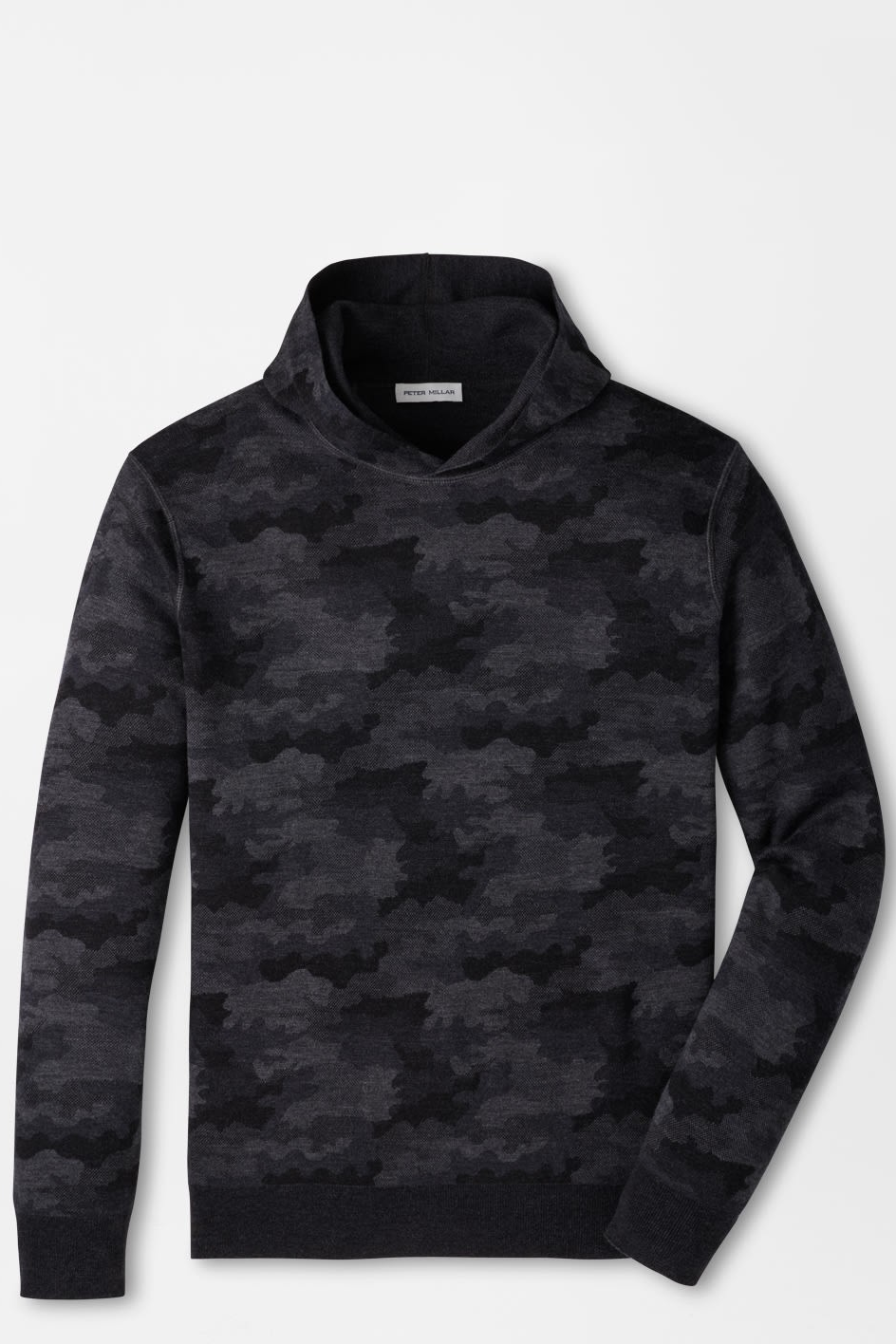 A dark charcoal gray and black camouflage patterned pullover hoodie with a high ribbed collar, shown on a light gray background.