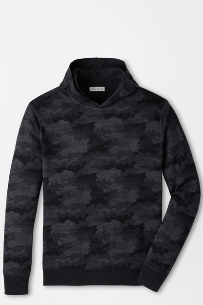 A dark charcoal gray and black camouflage patterned pullover hoodie with a high ribbed collar, shown on a light gray background.