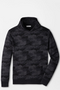 A dark charcoal gray and black camouflage patterned pullover hoodie with a high ribbed collar, shown on a light gray background.