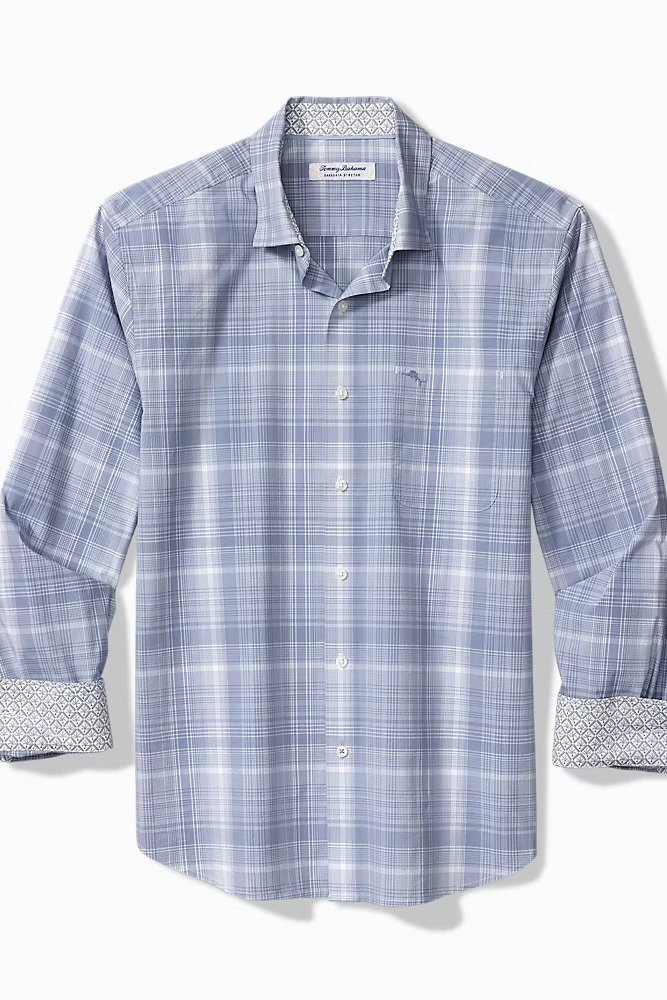 A men's long-sleeve plaid button-down shirt in light blue and white, featuring a chest pocket and patterned fabric cuffs, shown against a plain white background.