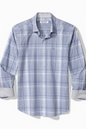 A men's long-sleeve plaid button-down shirt in light blue and white, featuring a chest pocket and patterned fabric cuffs, shown against a plain white background.
