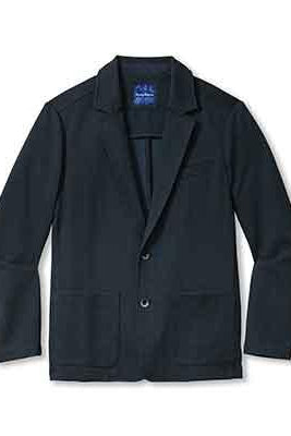 A dark navy blue blazer jacket with notch lapels, a two-button front closure, and front patch pockets, shown flat against a white background.