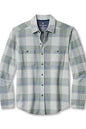 A long-sleeve button-up plaid shirt in white, light blue, and gray, featuring two chest pockets and a classic collar.