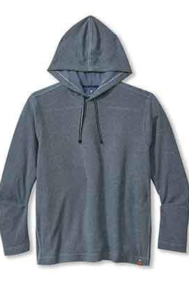 A dark gray heathered pullover hoodie with a drawstring hood, displayed flat against a white background.