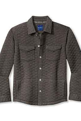A dark gray textured button-up shirt jacket with two chest flap pockets, shown flat on a white background.