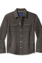 A dark gray textured button-up shirt jacket with two chest flap pockets, shown flat on a white background.