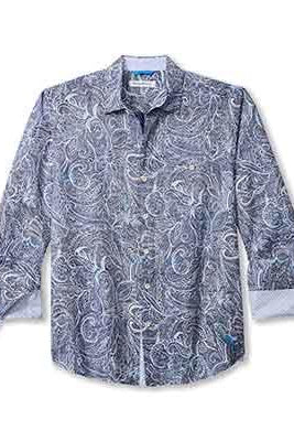 A long-sleeve button-up shirt with a blue and white paisley pattern, shown flat against a white background.