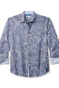 A long-sleeve button-up shirt with a blue and white paisley pattern, shown flat against a white background.