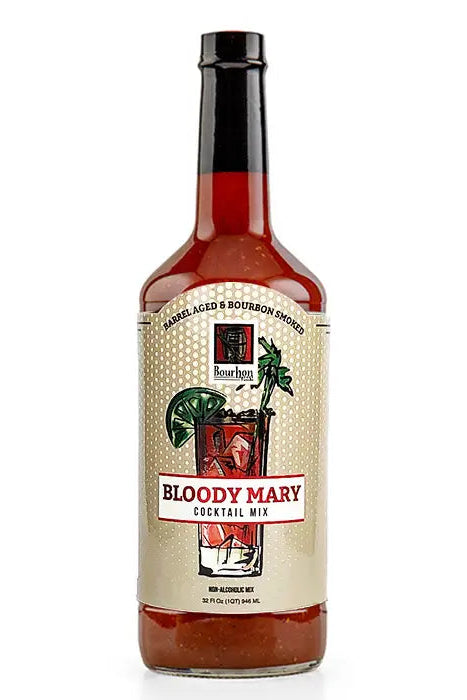Bottle of Bloody Mary cocktail mix with label on a white background