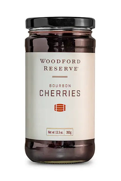 Woodford Reserve Bourbon Cherries jar on a white background