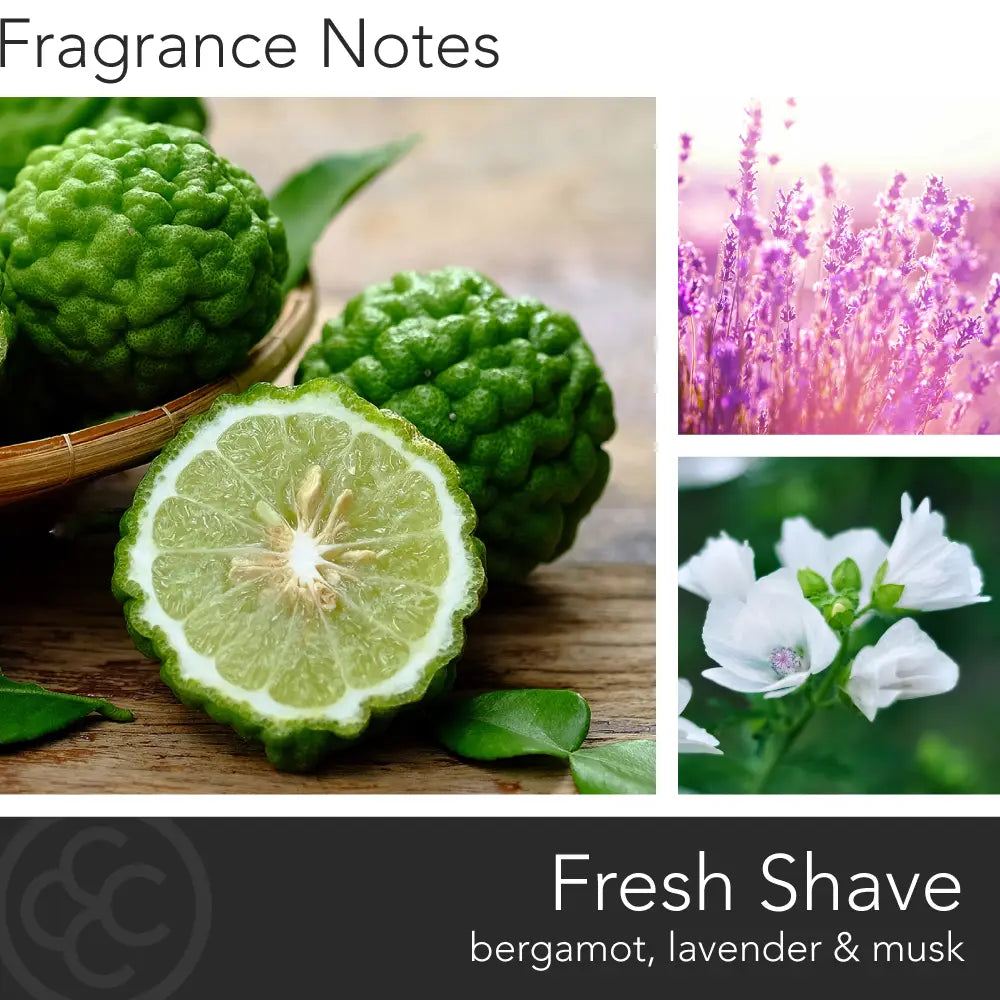 Fragrance notes with bergamot, lavender, and musk displayed alongside images of green fruits, lavender flowers, and white flowers.