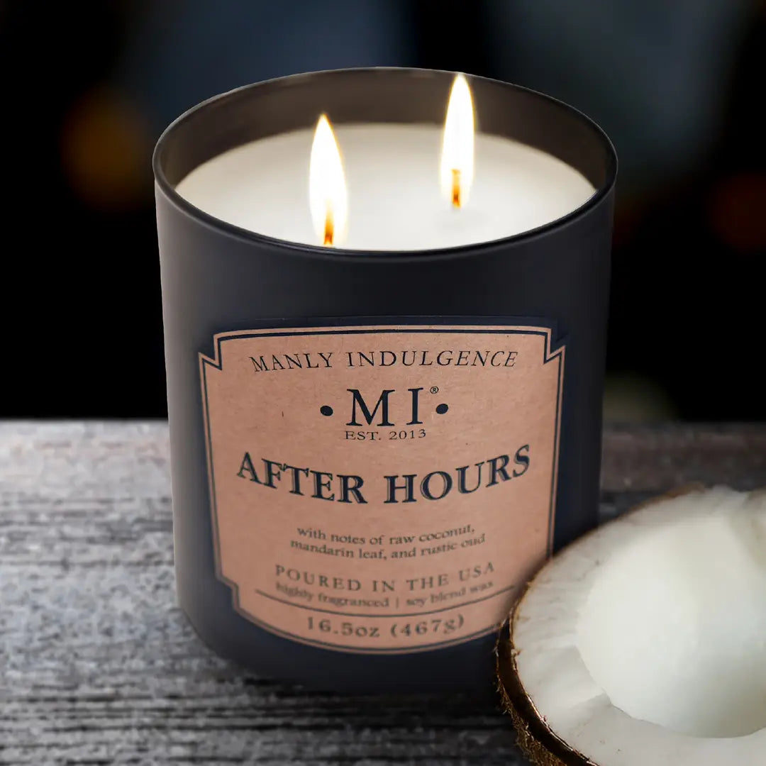 Candle labeled 'Manly Indulgence After Hours' with a blurred background