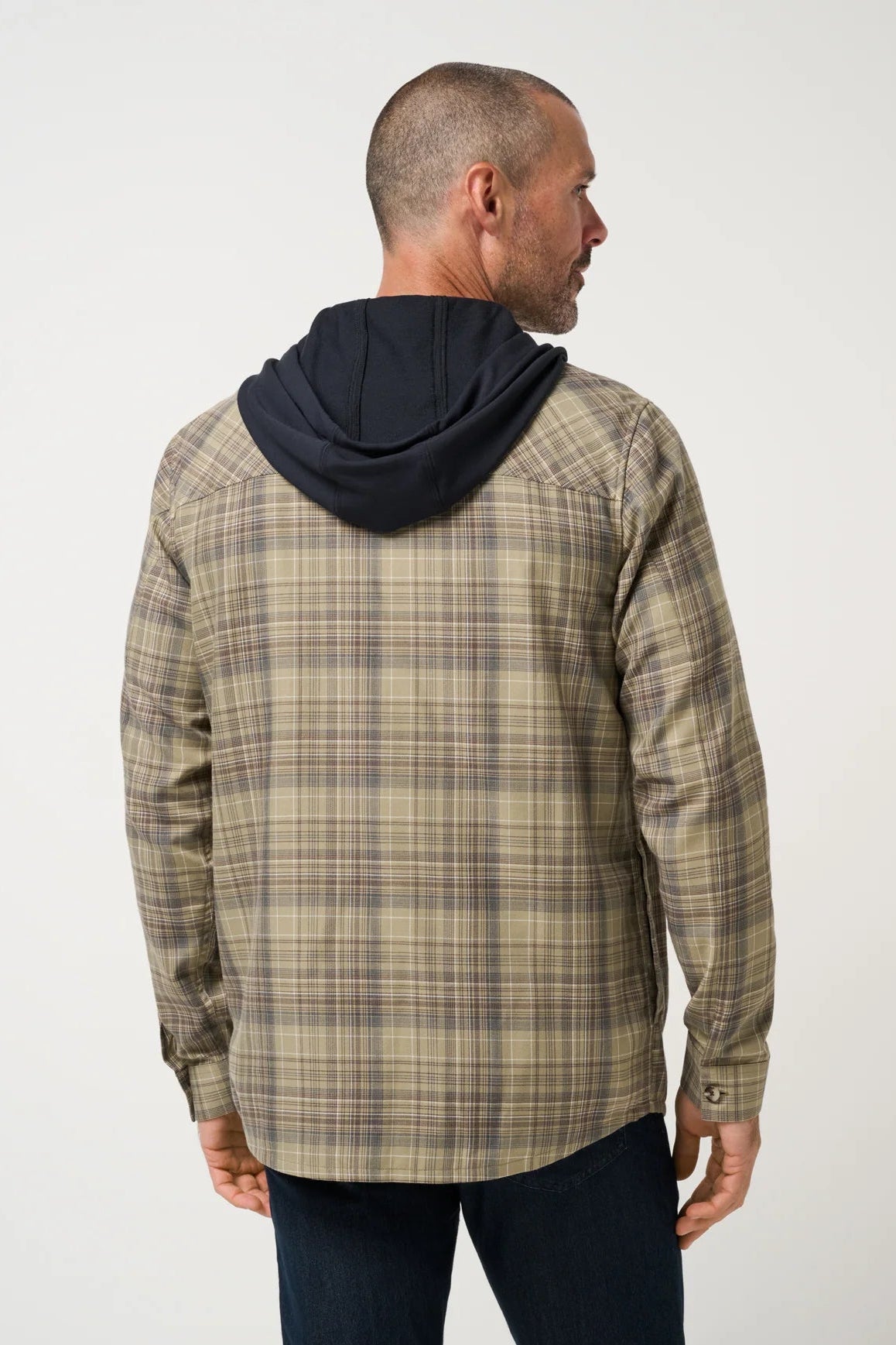 man in plaid hoodie