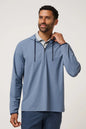 Man wearing a blue pullover with a white background