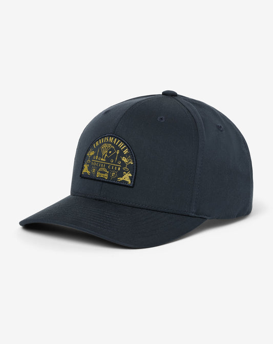 Navy blue cap with a logo on a white background