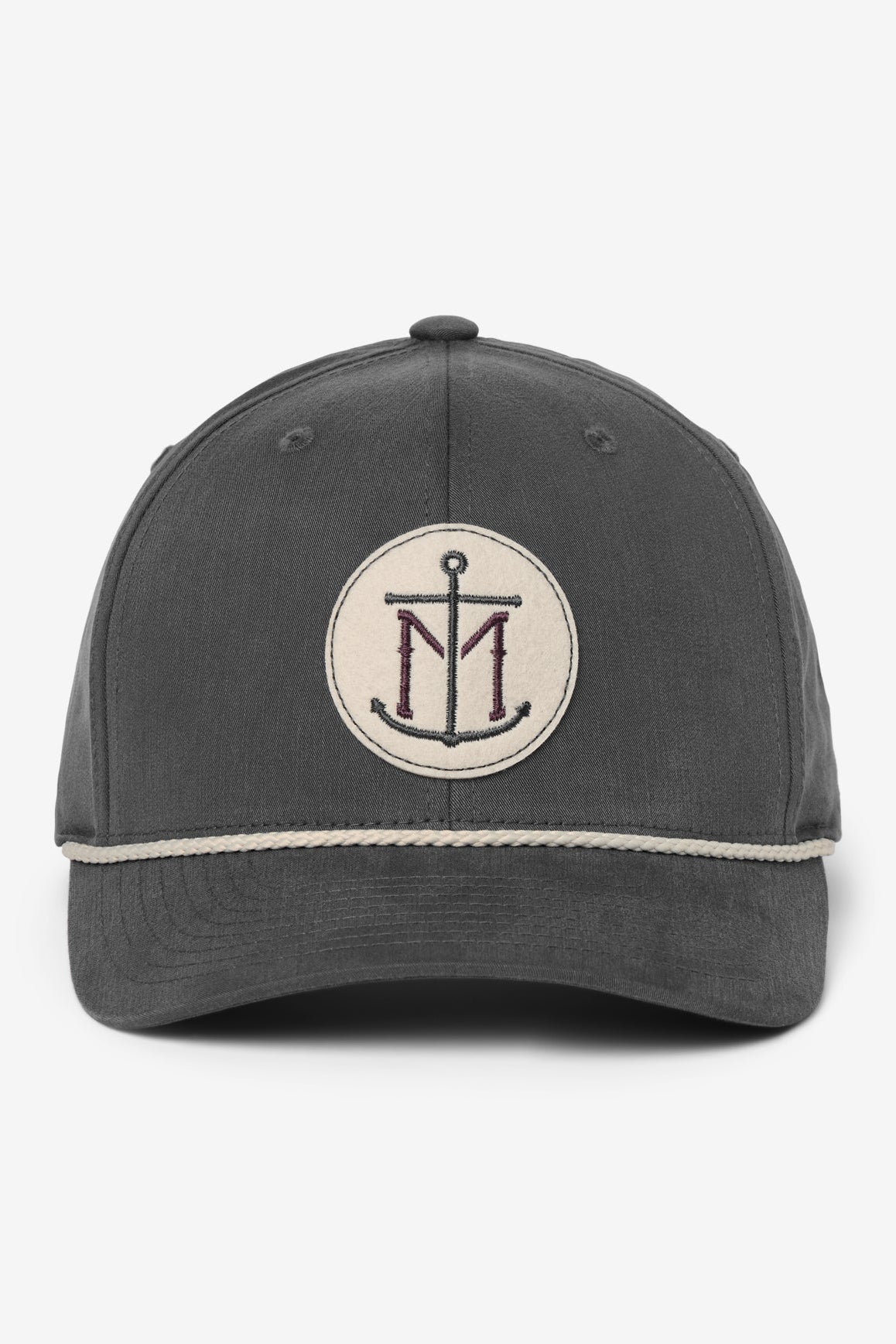 Gray cap with a circular emblem featuring an anchor and initials on a white background